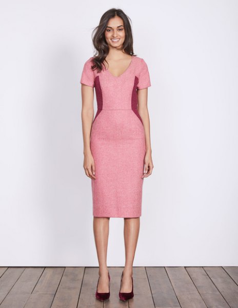 Pink Wool V-Neck Midi Dress
