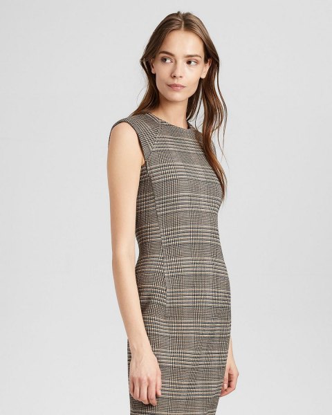 gray midi dress with checked wool sheath