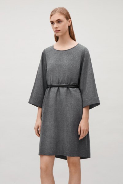 Gathered Waist Gray Wool Mini Dress
