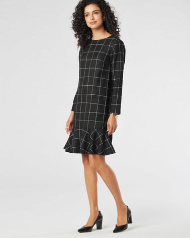 black and gray checked wool dress with ruffles