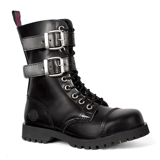 Black leather 2-buckle 10-eye combat boots from Nevermind.