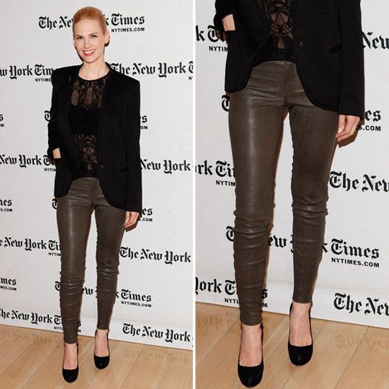 brown coated skinny jeans with black lace top and blazer