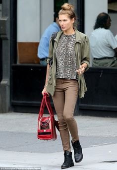 Leopard print blouse, brown shirt jacket and matching jeans
