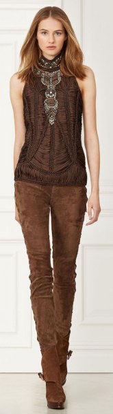 brown halter top with skinny suede jeans