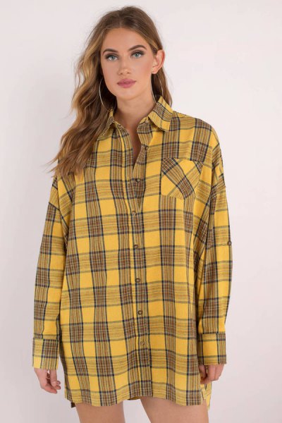 black and yellow plaid shirt dress with buttons and mini shorts