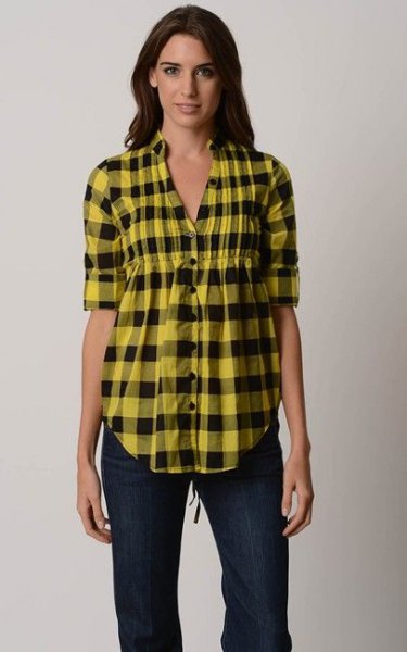 yellow and black checked peplum shirt with dark skinny jeans