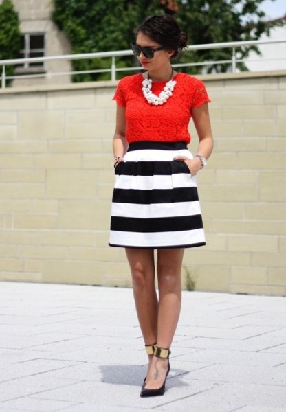 striped skater dress red lace top