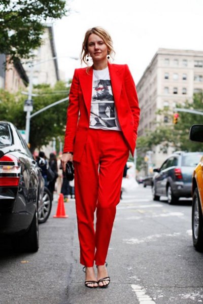 white graphic t-shirt with red suit jacket and matching pants