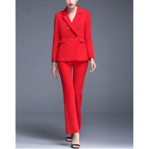 red double-breasted suit jacket with flared pants and open toe heels