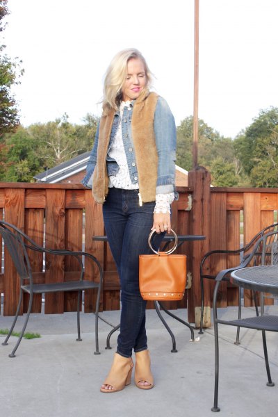 brown sherpa vest with blue denim jacket and open toe heels
