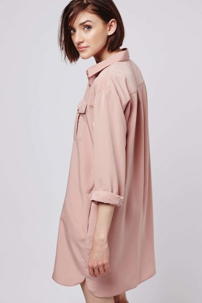 oversized pink shirt dress with rolled sleeves
