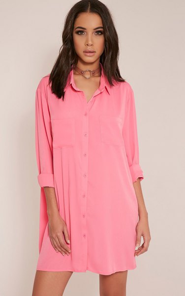 Pink boho style mini shirt dress with buttons and brown collar