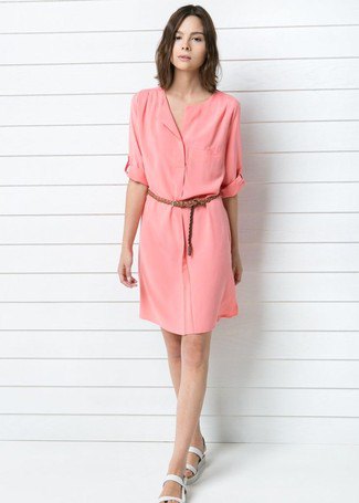 Blush Knee Length Belted Shirt Dress and White Sandals