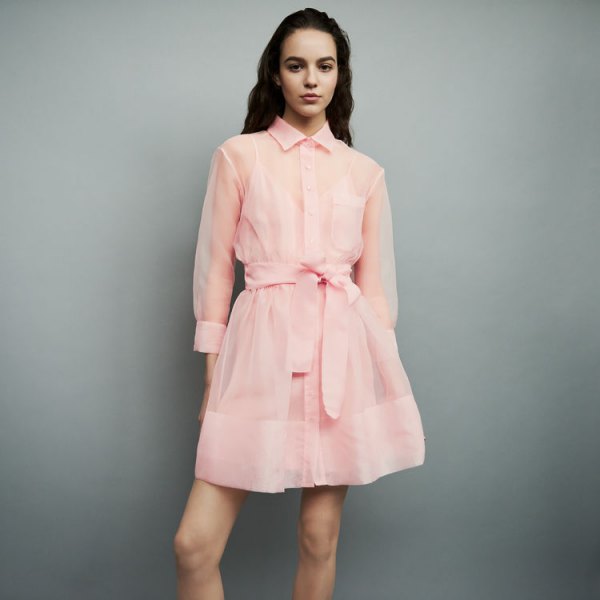 blush pink chiffon semi sheer mini flared shirt dress
