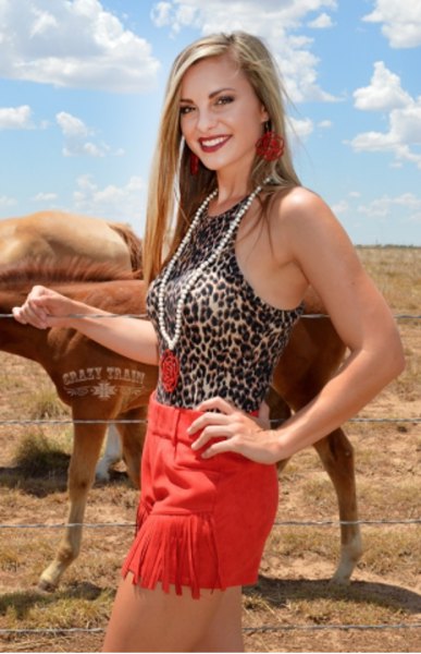 Leopard print western shorts with red fringes