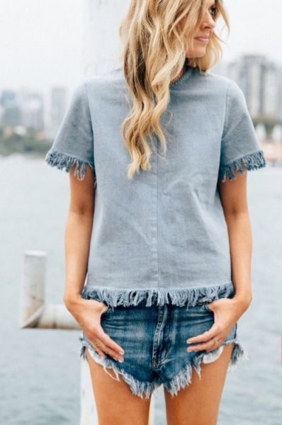 Light blue top with fringes and matching denim shorts