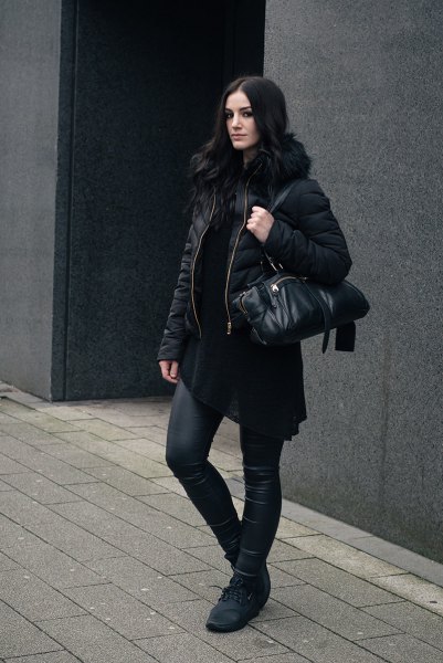 black quilted jacket with padded faux fur collar and leather leggings