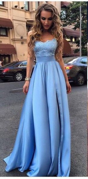 Light blue fit and flared lace and silk evening dress