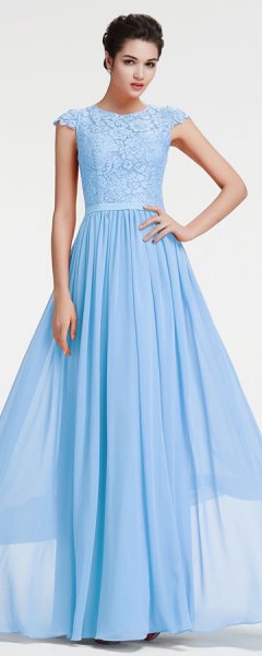 Light sky blue fit with cap sleeves and floor length ball gown