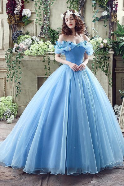 Off the shoulder light blue fit and flare floor length chiffon dress