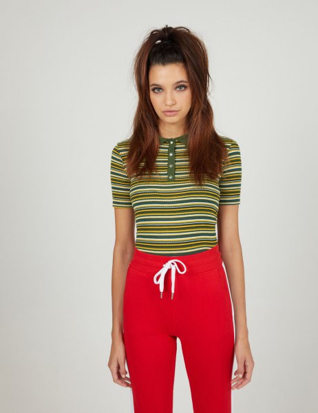 Red and yellow collarless striped polo shirt with sweatpants