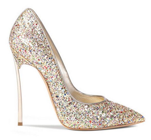 Style Metal High Heels Pointed Toe Women Glitter Wedding Shoes.