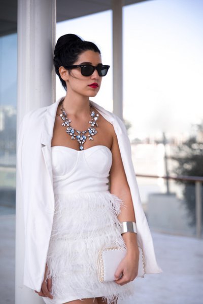 Sweetheart Mini Fringe Dress White Blazer
