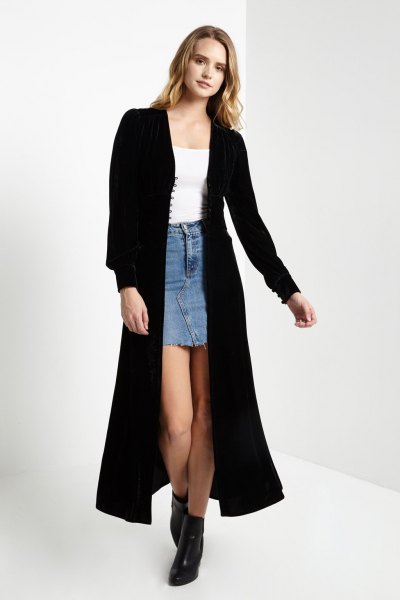 black maxi velvet jacket denim mini skirt