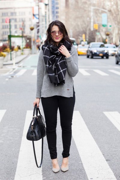 gray sweater with plaid scarf and light pink flats