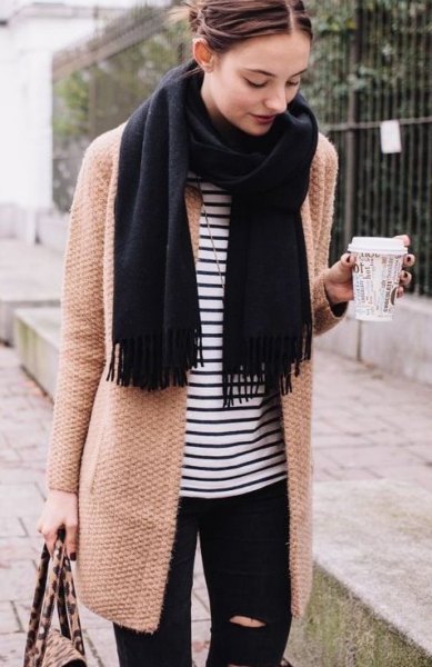 Blush pink longline wool coat with striped t-shirt and black scarf