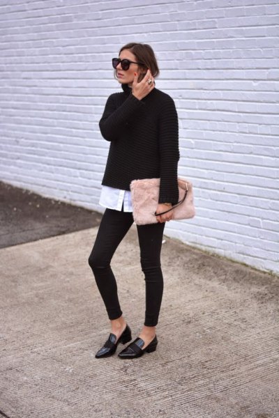 black sweater with white shirt and blush pink clutch