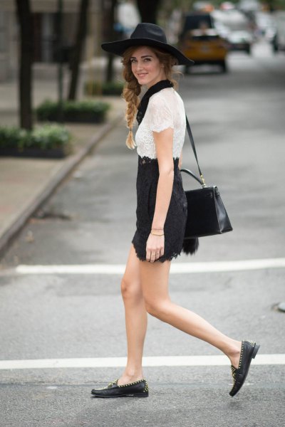 white lace top with black mini skirt and casual shoes