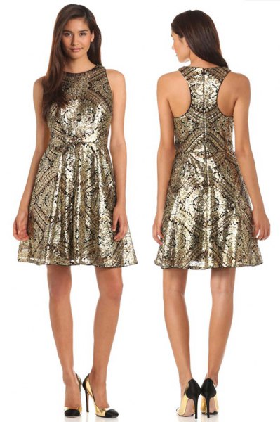 gold tribal printed fit and flare dress