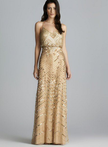 Gold maxi dress with ruched waist and V-neckline