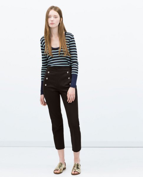 dark blue and white striped scoop neck sweater and black cropped pants