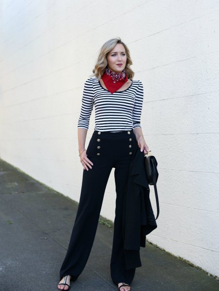 black sailor pants with striped t-shirt and choker scarf
