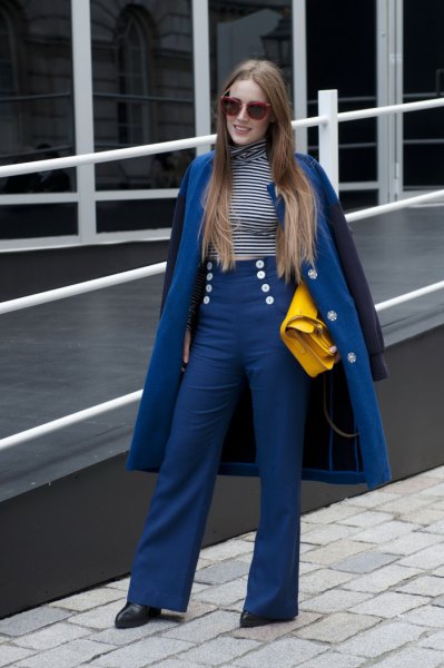 Royal blue long wool coat with matching sailor trousers