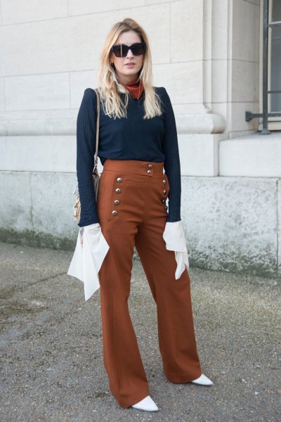 Navy blouse with red sailor trousers