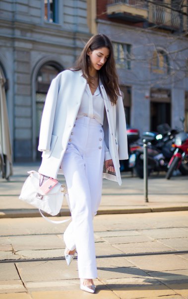 white wool coat with matching wide leg sailor trousers