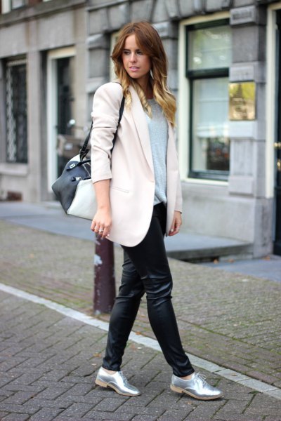 silver metallic shoes white wool coat black leather leggings