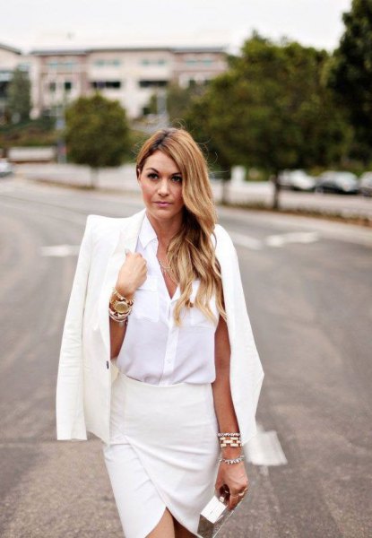 white button down shirt, matching suit jacket and wrap skirt
