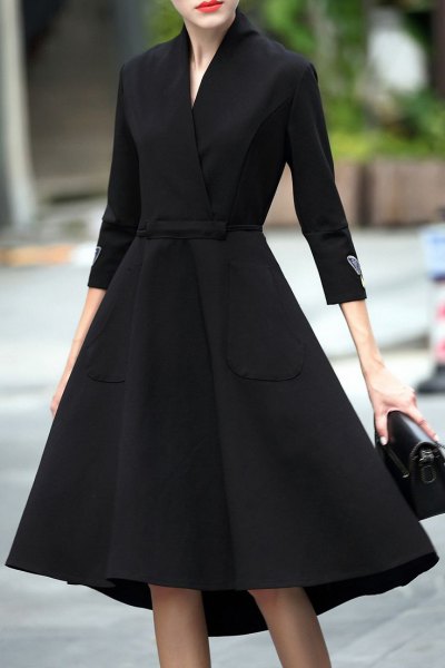 Black Linen Fit and Flare Midi Wrap Dress