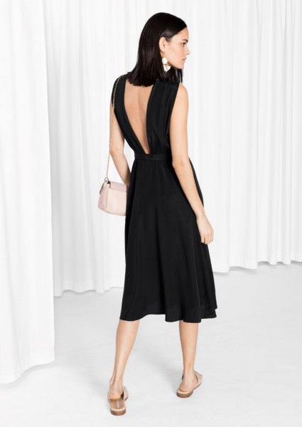 black linen flare dress with low back