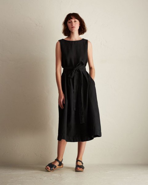 Black Belted Sleeveless Linen Midi Dress