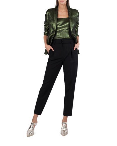 black leather jacket with matching top and cropped pants