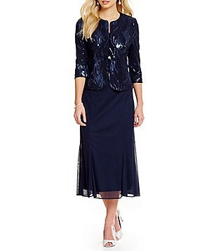 Dark blue and black sequined evening jacket and a chiffon midi dress