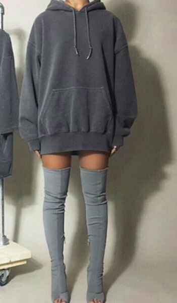 Charcoal Hoodie Gray Over The Knee Boots
