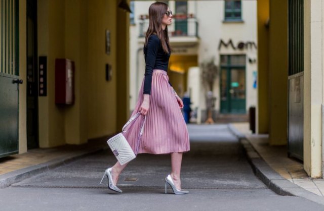 black long sleeve t-shirt with pink pleated midi skirt