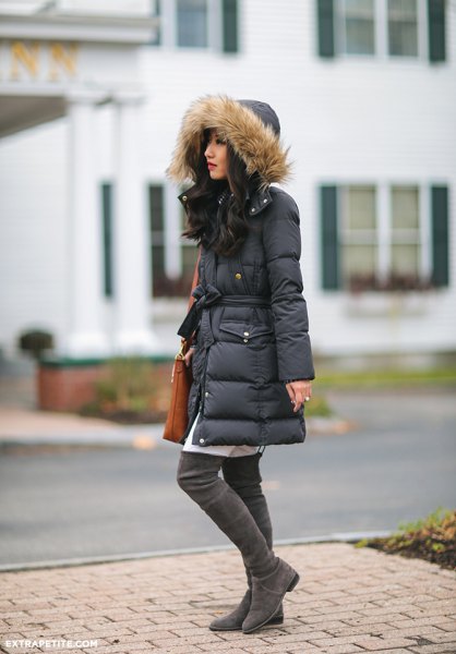 long linen black fur jacket with hood and white tunic dress