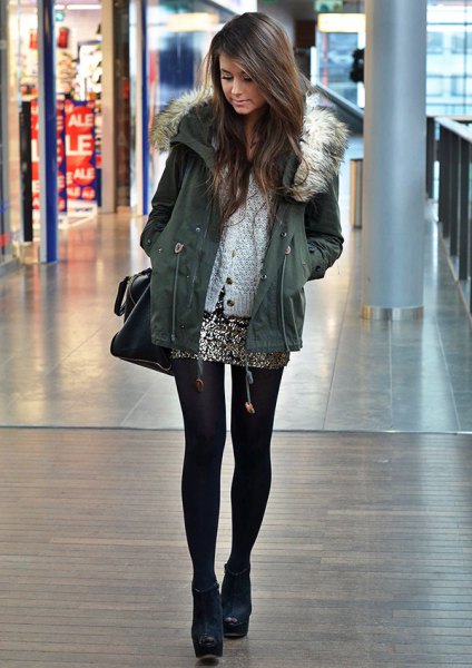 gray hooded parka jacket with silver sequin mini skirt